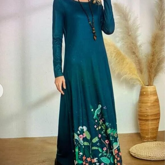 Ladies Large Maxi dress Green with floral & bird print - Picture 4 of 12